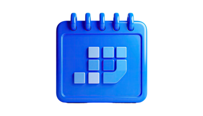 A glossy, blue calendar icon, 3D rendered, with highlighted squares, on black background
