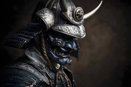 Portrait of Samurai masked Oni Devil wearing samurai armor of various silver-plated metal details, reflecting exquisite craftsmanship, contrast of light and shadow against a dark dusty background