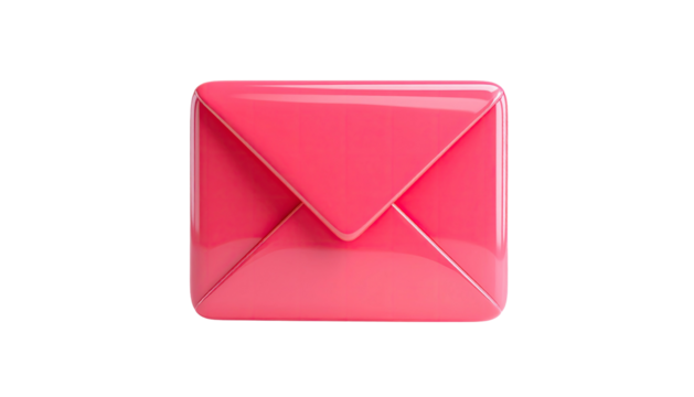 A glossy, bubblegum-pink, 3D-rendered closed envelope isolated on black