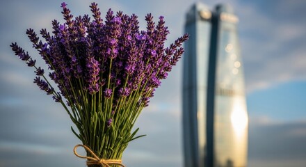 Lavender bouquet contrasted against modern urban architecture scenery, creating unique scenery