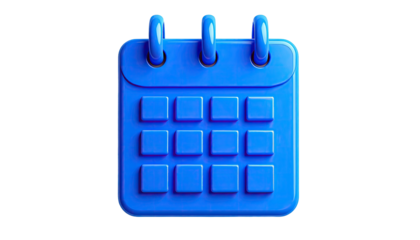 A vibrant, 3D rendered, glossy blue calendar icon, against a black backdrop