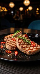 Appetizing grilled pork steaks served with rosemary and chili slices