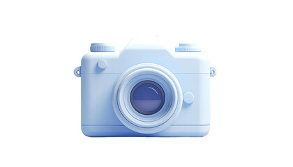 A 3D rendered, stylized digital camera in a soft blue hue against black