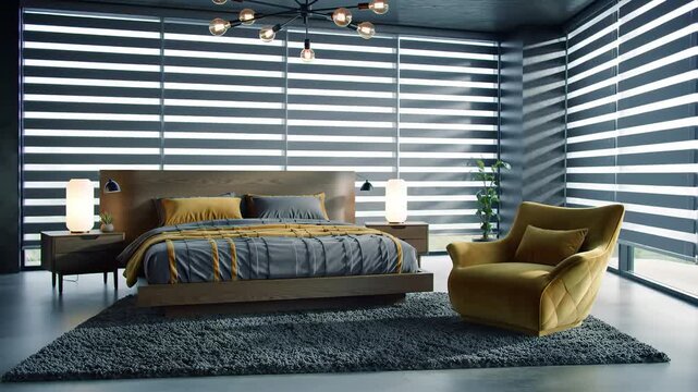 Contemporary bedroom interior featuring a comfortable bed, modern bedside lighting, and sleek horizontal window blinds, establishing a sophisticated and serene atmosphere for relaxation