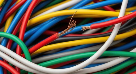 Collection of multicolored electrical wires arranged in a chaotic formation