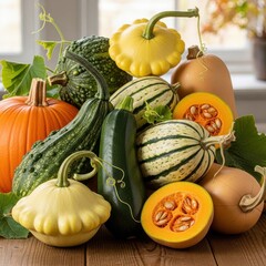 Assortment of different colorful autumn squashes and gourds on rustic wood
