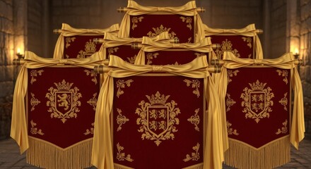 Royal banners with intricate gold embroidery in a medieval castle scene