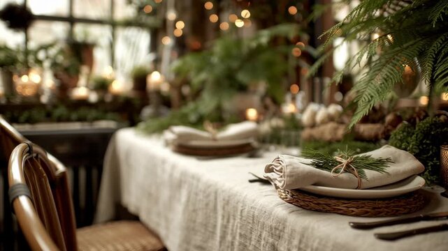 A table with a white tablecloth and a green napkin. Macro view of country kitchen table decorated for Christmas with linen cloth and natural greenery, country style christmas