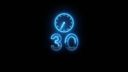 Neon countdown clock illustration. Time 30 days to go symbol.