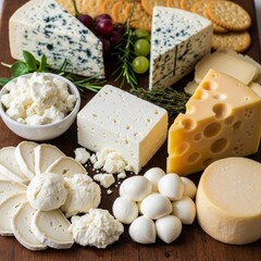 Assortment of Different Cheese Types Arranged on a Wooden Cutting Board