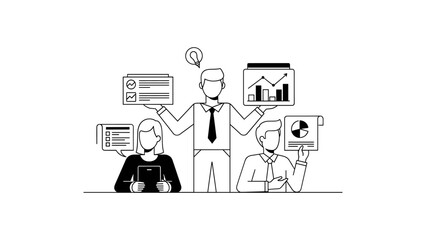 Teamwork and data analysis illustration with people holding charts and documents