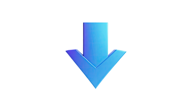 3D rendered downward pointing arrow icon, gradient blue, isolated on black