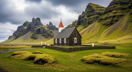 Idyllic Icelandic countryside church nestled beneath dramatic mountain peaks