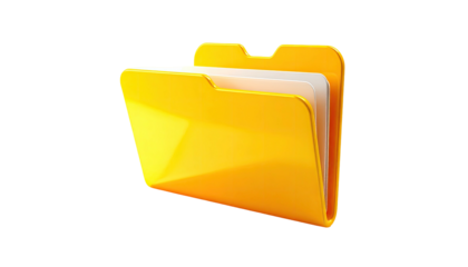 A shiny, open, yellow folder with papers, rendered against a black background