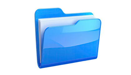 Glossy blue folder icon, containing documents, on a transparent background
