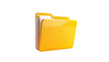 A glossy, open, yellow file folder with white documents inside