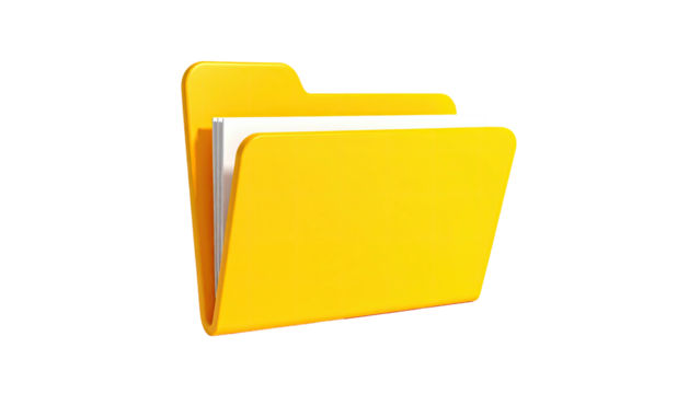 A bright yellow folder filled with white papers, isolated on a black background