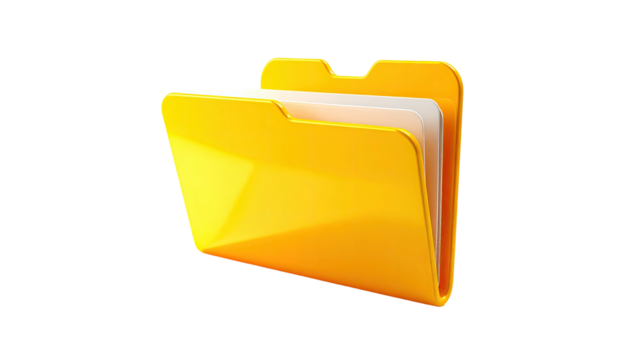 A shiny, open, yellow folder with papers, rendered against a black background - Powered by Adobe
