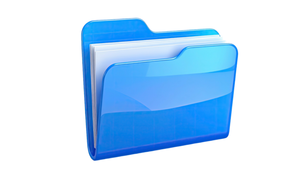 Glossy blue folder icon, containing documents, on a transparent background