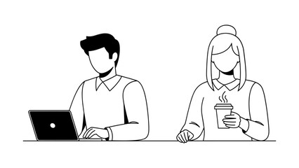 Man working on laptop and woman holding coffee cup