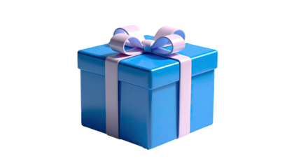 A rendered blue square present with a pink ribbon and bow, set against black