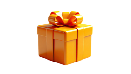 A rendered golden gift box with an orange bow, set against a pure black backdrop