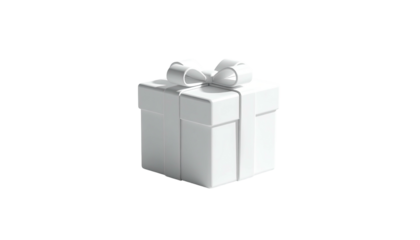 A 3D-rendered white gift box with a ribbon and bow against a dark background