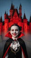 Young vampire's spirited grin before imposing castle radiates spooky festivity and charm