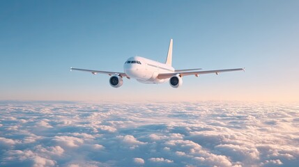 Obraz premium White passenger airplane flying high above fluffy clouds in a bright blue sky with warm sunlight casting a gentle glow on the scene.