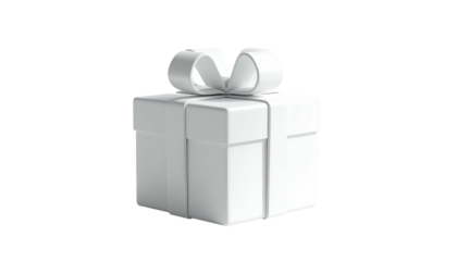 A white, 3D rendered gift box tied with a bow, isolated on a black background
