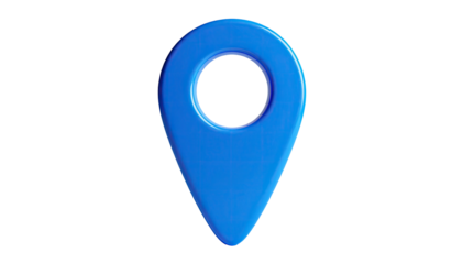 A blue, glossy location marker icon against a stark black background
