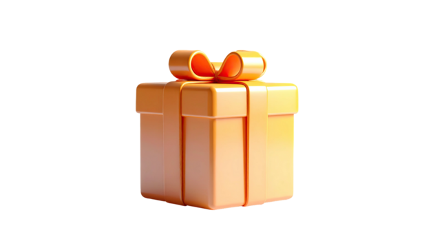 3D rendered, orange gift box tied with matching ribbon and bow on black