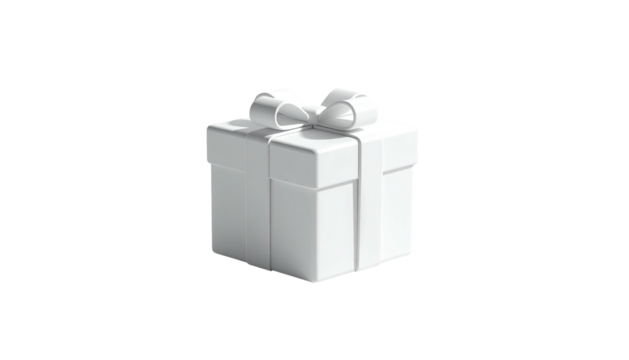 A 3D-rendered white gift box with a ribbon and bow against a dark background