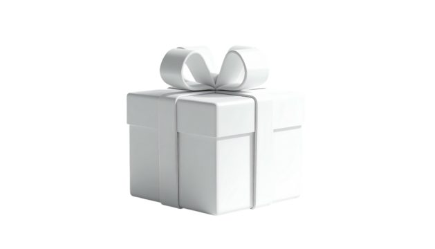 A white, 3D rendered gift box tied with a bow, isolated on a black background