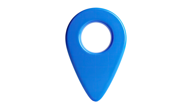 A blue, glossy location marker icon against a stark black background