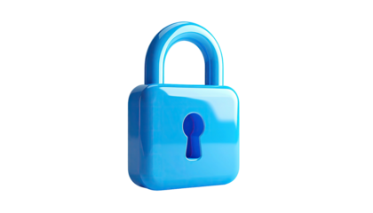Shiny, vibrant 3D rendering of a blue padlock, isolated against a black backdrop