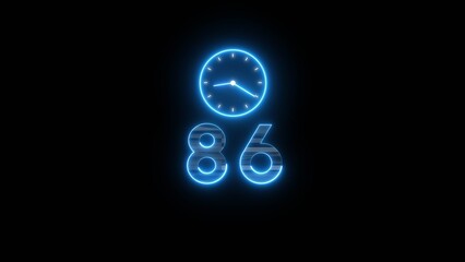 Neon countdown clock illustration. Time 86 days to go symbol.