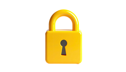 A vibrant, 3D yellow padlock isolated on a stark black background