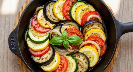 Artistic vegetable tian arrangement in cast iron skillet for food photography