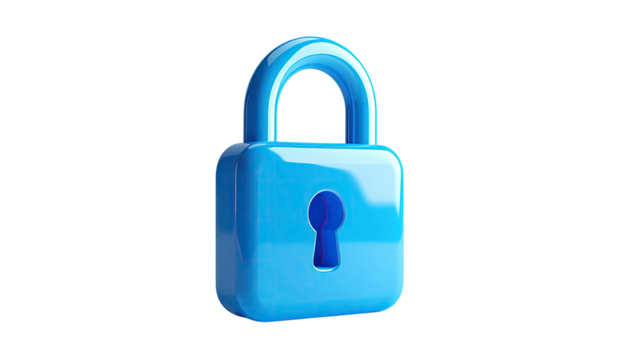 Shiny, vibrant 3D rendering of a blue padlock, isolated against a black backdrop