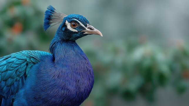 Close up of a majestic blue peacock displaying its iridescent feathers with green foliage blurred in the background in soft natural lighting