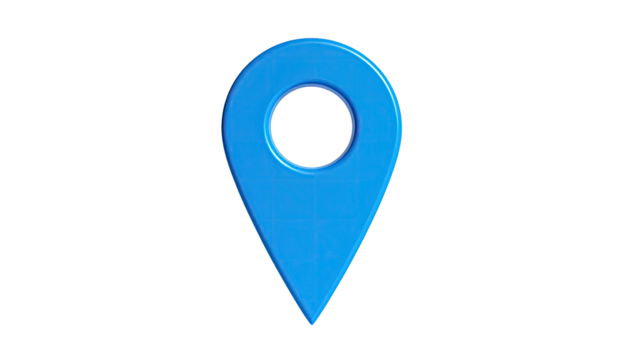 A vibrant, blue, glossy location pin isolated against a black backdrop