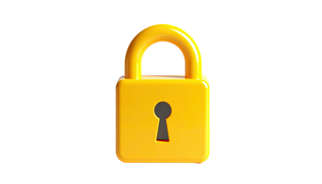 A vibrant, 3D yellow padlock isolated on a stark black background