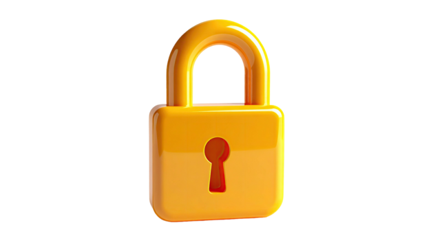 A shiny, golden padlock with a keyhole, isolated on a black background