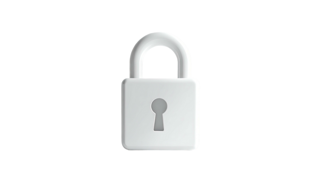 A shiny, white, 3D rendered padlock with a keyhole, centered on black