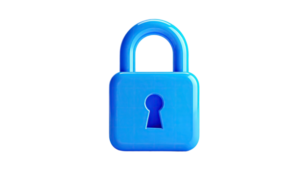 A simple, blue, 3D-rendered padlock icon against a stark black background