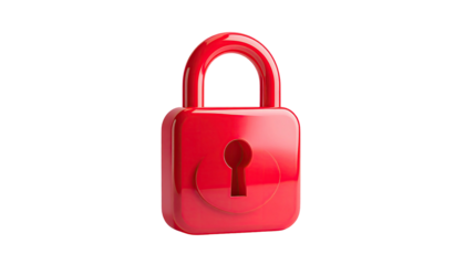 A glossy, red padlock icon, rendered in 3D, on a stark black background