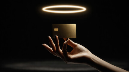 Golden credit card floats in a hand with light from above and a circular halo on a black background