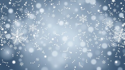 Delicate snowflakes gently fall against a soft, blurred blue background, creating a serene and magical winter atmosphere filled with the charm of the season.