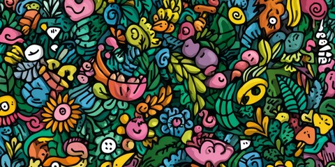 Fototapeta premium Whimsical doodle art depicts a vibrant, chaotic jungle with cartoonish flora and fauna.